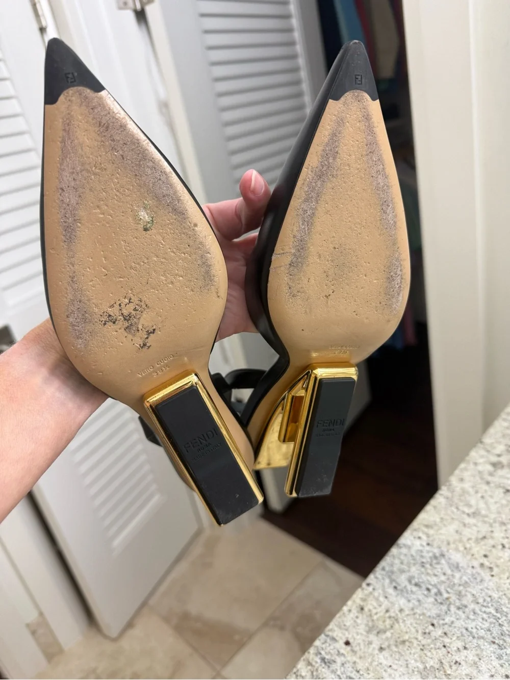 Fendi Black Leather Slingbacks with Gold F Sculptural Heel Accents